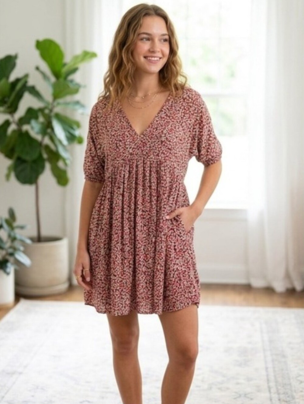 Natural Life Women's Stella Mini Oversized Floral Red Babydoll Dress Pocket L/XL